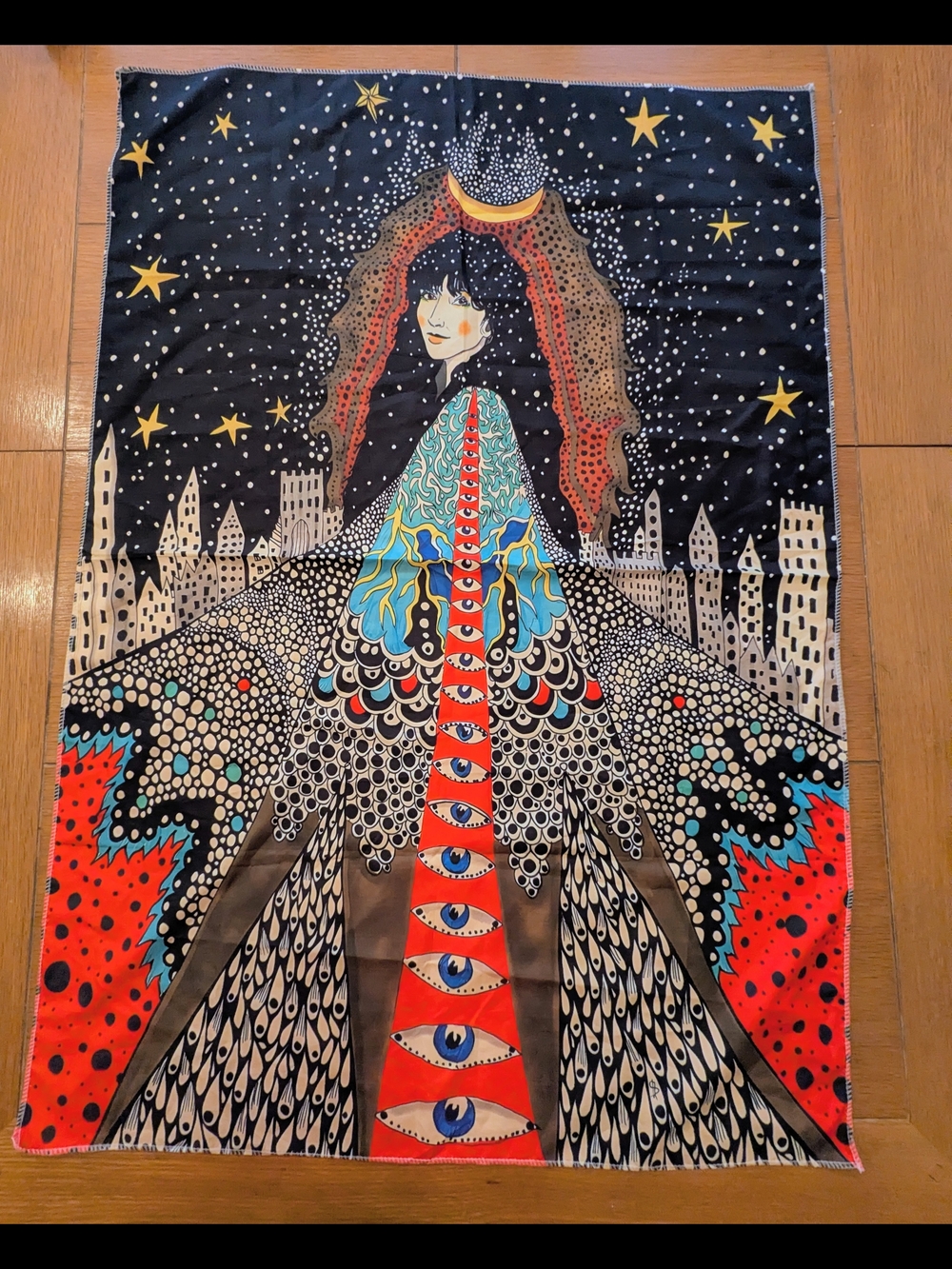 Large Mystical Art Scarf Wrap Shawl Celestial Moon Eyes Silky 39" x 27"